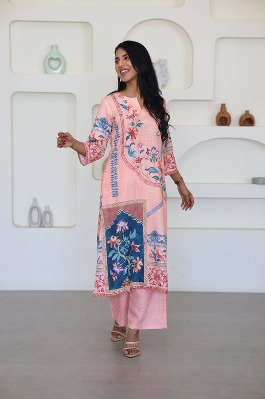 Peach Floral Printed Kurti Set