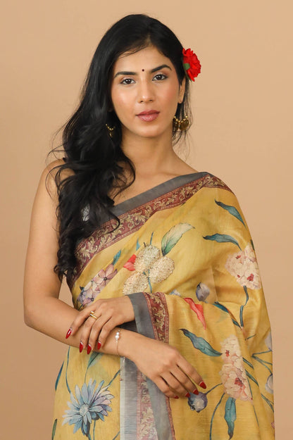 Yellow Floral Print Saree