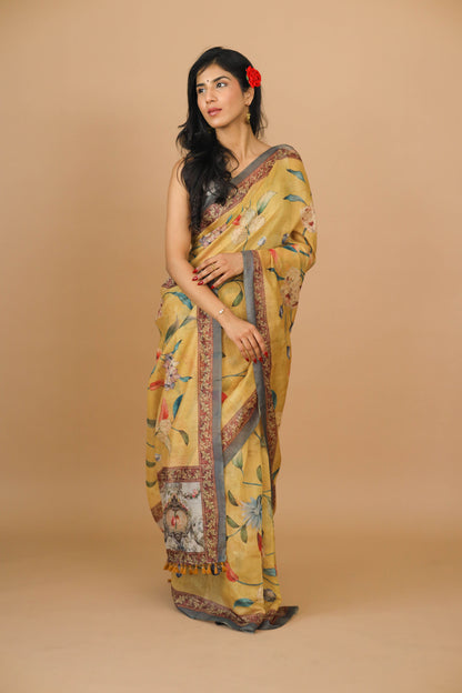 Yellow Floral Print Saree