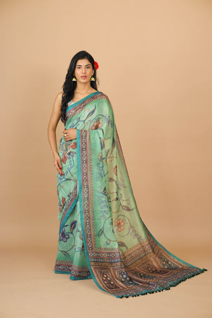 Sea Green Kalamkari Print Saree