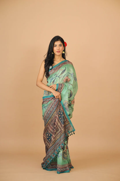 Sea Green Kalamkari Print Saree