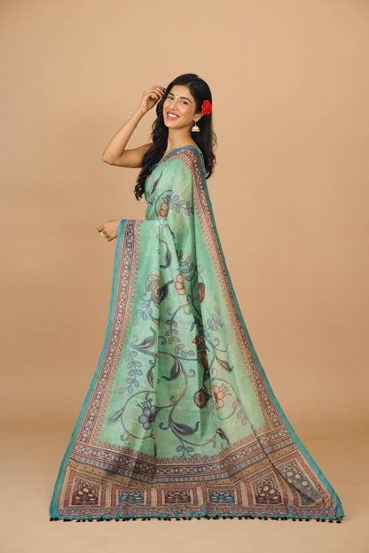 Sea Green Kalamkari Print Saree