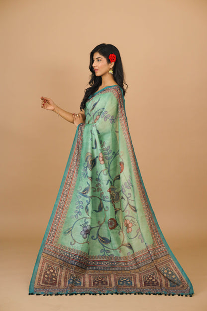 Sea Green Kalamkari Print Saree