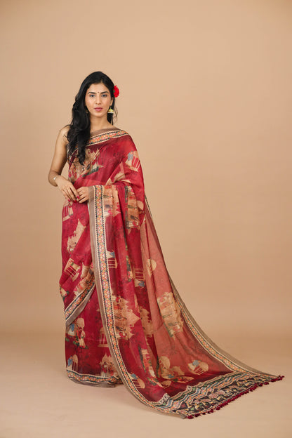 Red Mughal Figure Print Saree