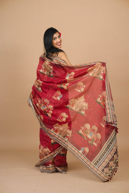 Red Mughal Figure Print Saree