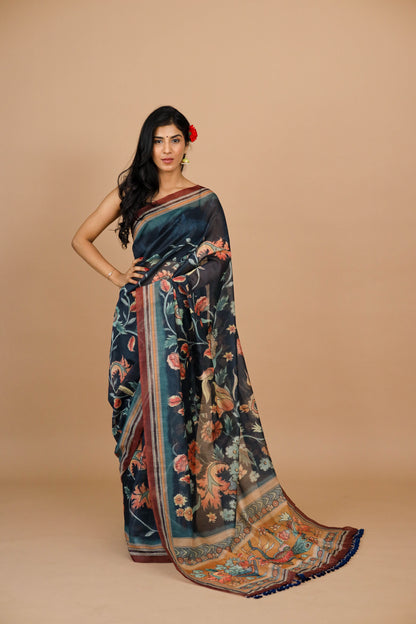 Navy Blue Kalamkari Print Saree