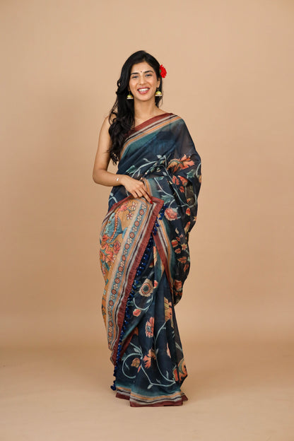 Navy Blue Kalamkari Print Saree