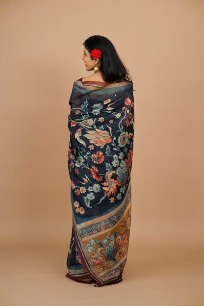 Navy Blue Kalamkari Print Saree