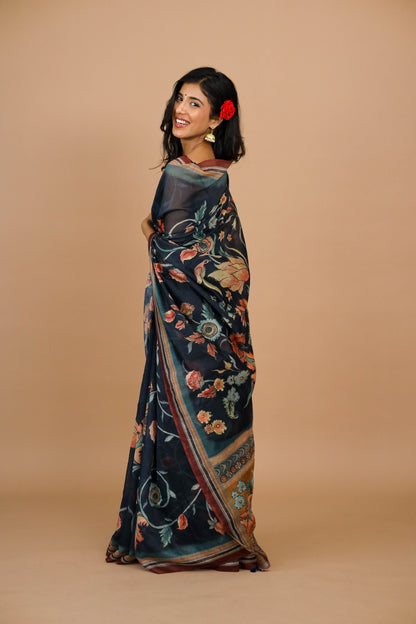 Navy Blue Kalamkari Print Saree