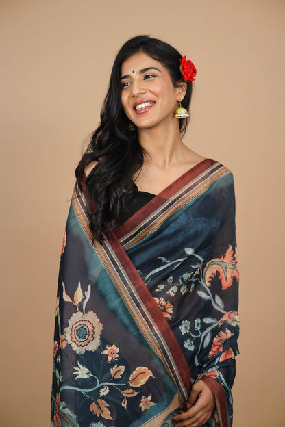 Navy Blue Kalamkari Print Saree