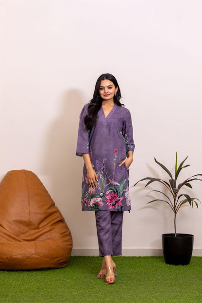 Lavender Gardenia Floral Kurti Set - Yuvani