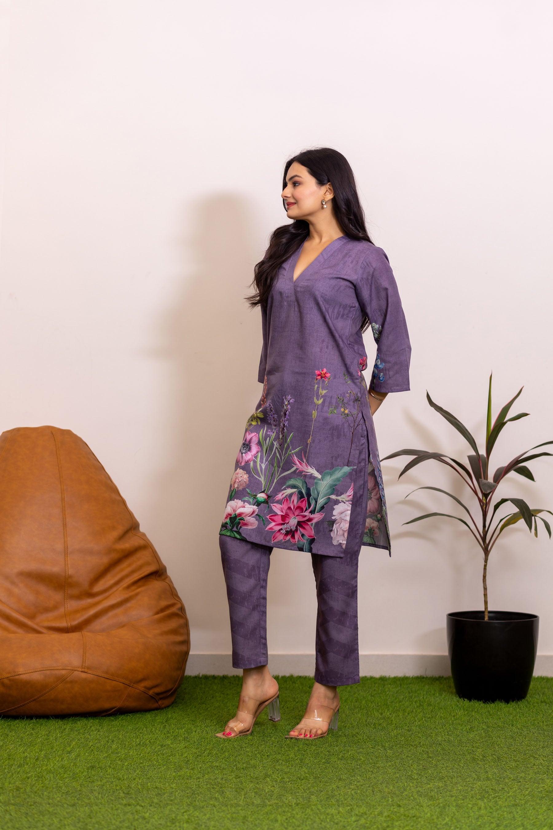 Lavender Gardenia Floral Kurti Set - Yuvani