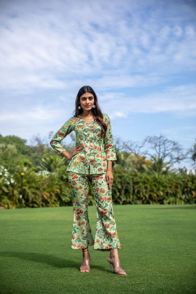 Floral Sunflower Print Linen Co-ord Set | Yuvani Vesture