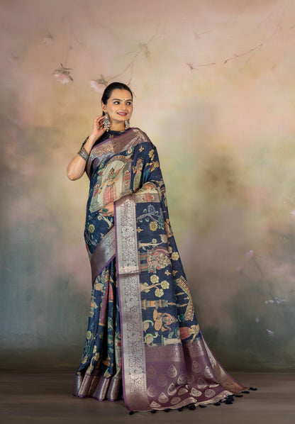 Navy Blue Figure Print Jacquard Saree - Yuvani