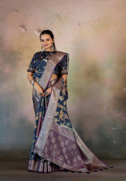 Navy Blue Figure Print Jacquard Saree - Yuvani