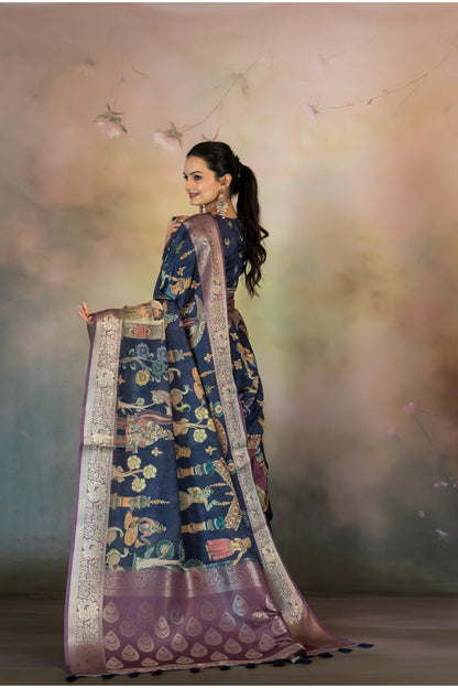 Navy Blue Figure Print Jacquard Saree - Yuvani