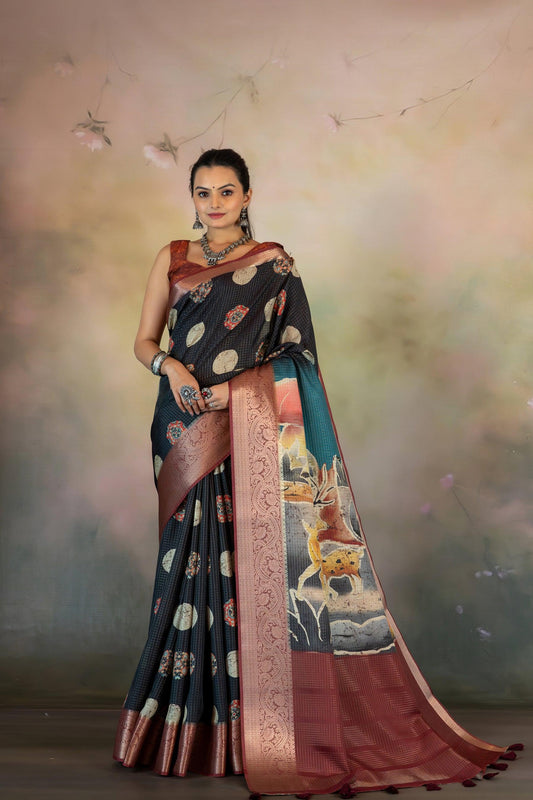 Ajrakh with Batik Print JacquardChecks Saree - Yuvani