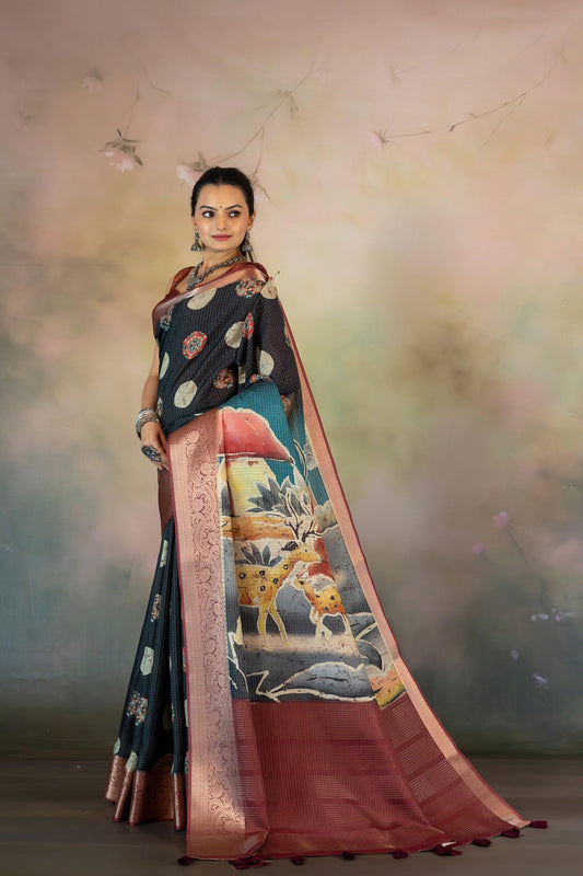 Ajrakh with Batik Print JacquardChecks Saree - Yuvani