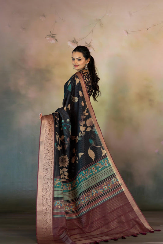 Hand Paint Kalamkari Jacquard Checks Print Saree - Yuvani