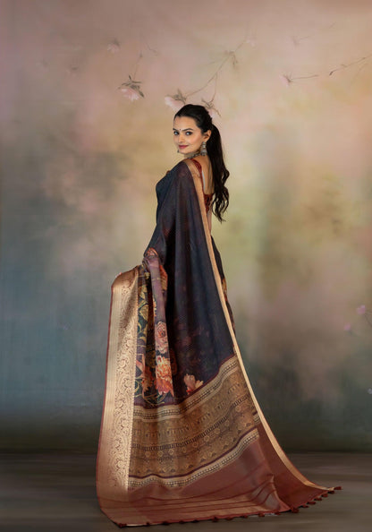 Floral Skirt Print Jacquard Checks Saree - Yuvani