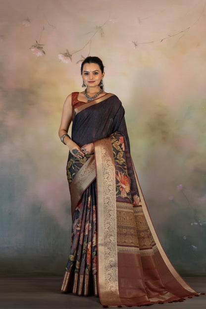 Floral Skirt Print Jacquard Checks Saree - Yuvani