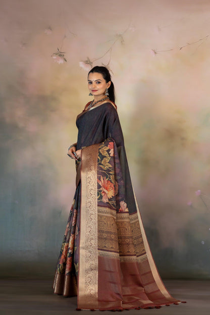 Floral Skirt Print Jacquard Checks Saree - Yuvani