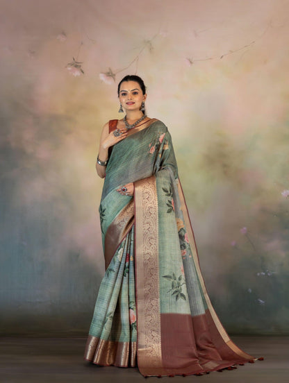 Sea Green Floral Print Jacquard Checks Saree - Yuvani