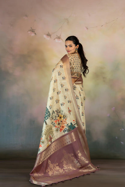 Mughal Motif Print Jacquard Saree - Yuvani