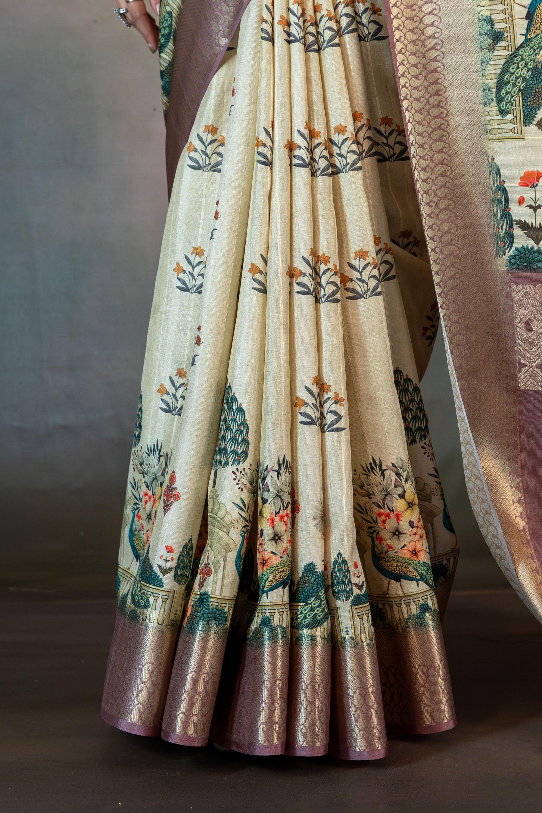 Mughal Motif Print Jacquard Saree - Yuvani