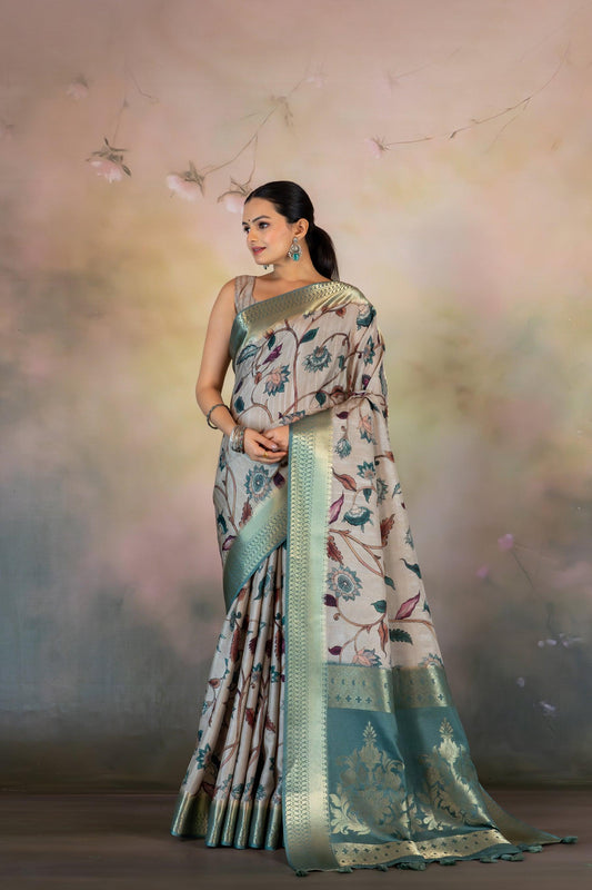 Metallic Kalamkari Print Jacquard Saree - Yuvani