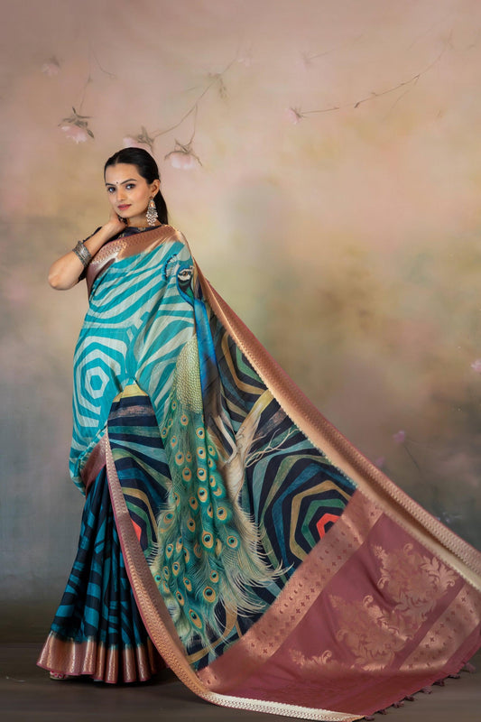 Geometric Peacock Print Jacquard Saree - Yuvani