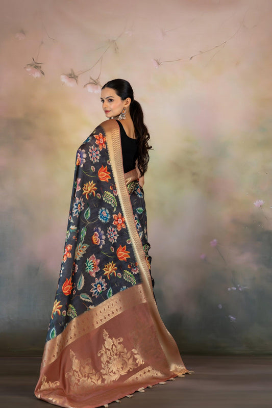 Floral Kalamkari Print Jacquard Saree - Yuvani