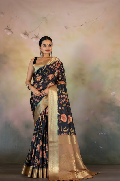 Black Kalamkari Flowers JacquardSaree - Yuvani