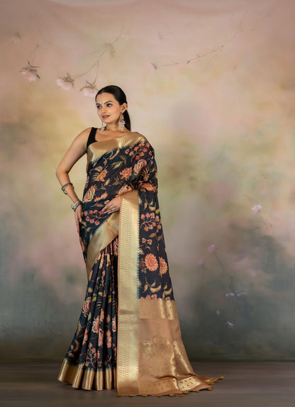 Black Kalamkari Flowers JacquardSaree - Yuvani