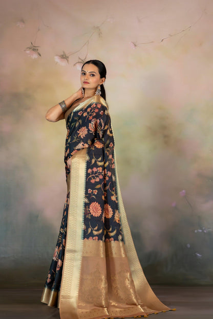 Black Kalamkari Flowers JacquardSaree - Yuvani