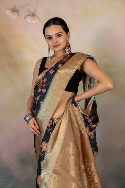 Black Kalamkari Flowers JacquardSaree - Yuvani