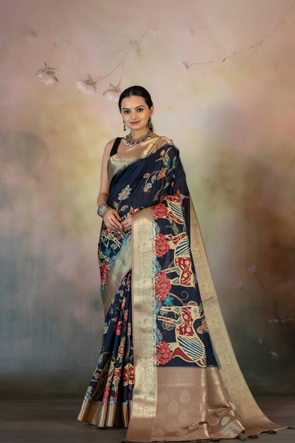 Deep Blue Bright Print Jacquard Saree - Yuvani