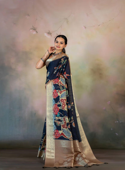 Deep Blue Bright Print Jacquard Saree - Yuvani