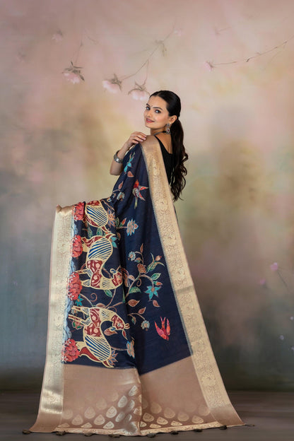 Deep Blue Bright Print Jacquard Saree - Yuvani