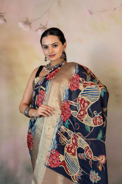 Deep Blue Bright Print Jacquard Saree - Yuvani