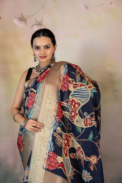 Deep Blue Bright Print Jacquard Saree - Yuvani