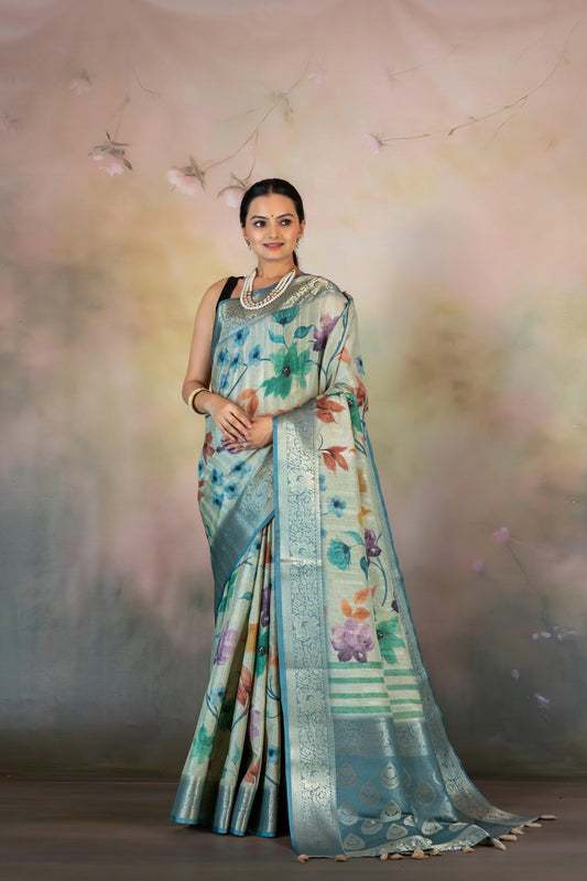 Multicolor Floral Print Jacquard Saree - Yuvani