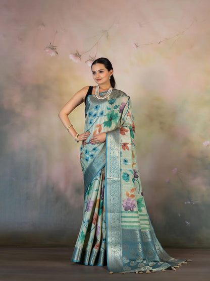 Multicolor Floral Print Jacquard Saree - Yuvani