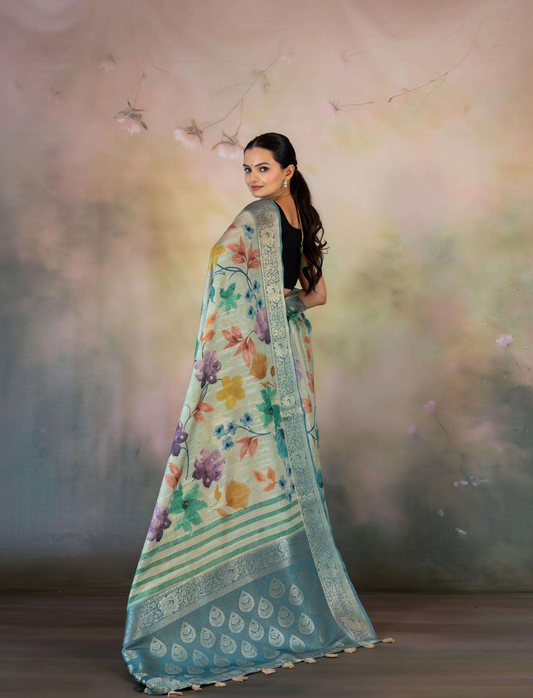 Multicolor Floral Print Jacquard Saree - Yuvani