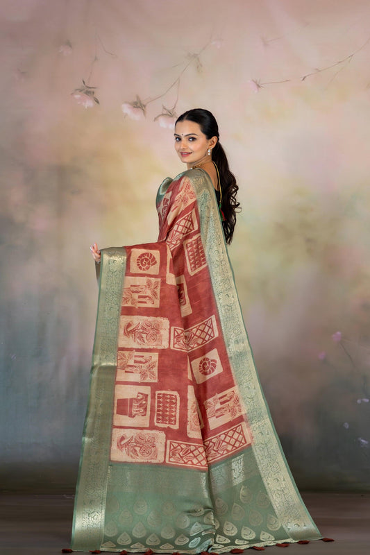 Rust Color Block Print Jacquard Saree - Yuvani