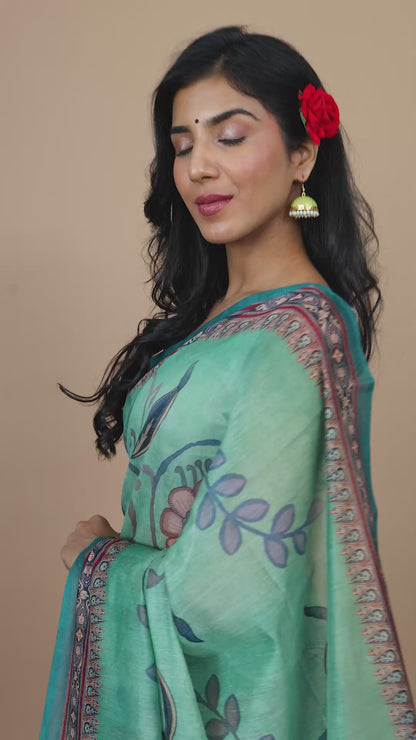 Sea Green Kalamkari Print Saree