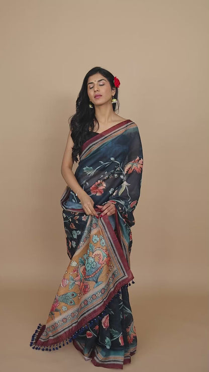 Navy Blue Kalamkari Print Saree