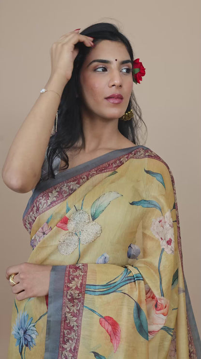 Yellow Floral Print Saree